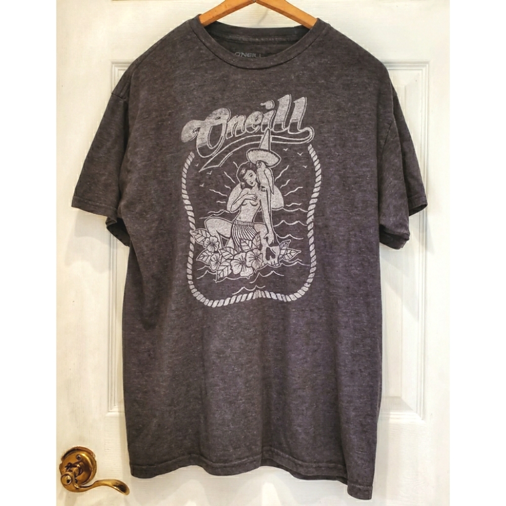 O'Neil Hula Girl Tee Shirt Parrot Tiki Grey Large
